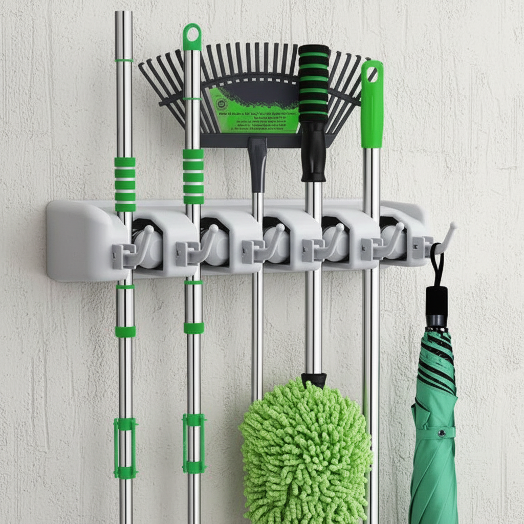 CleanHold — Organizador de Parede com 5 Lugares para Vassouras e Rodos com 6 Ganchos Adicionais - Entrega Grátis-thumbmail-1