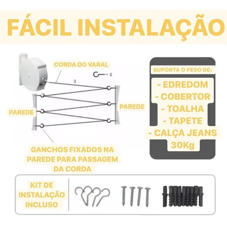 FlexLine - Varal de Parede Super Resistente Com 30 Metros e Corda Recolhível - Entrega Grátis-thumbmail-3