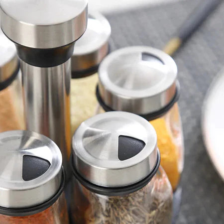 Porta Temperos e Especiarias Giratório Em Inox e Vidro Com 7 Peças Para Cozinha - Entrega Grátis-thumbmail-3