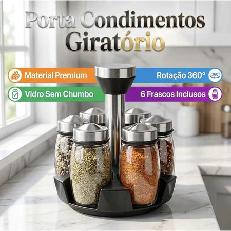 Porta Temperos e Especiarias Giratório Em Inox e Vidro Com 7 Peças Para Cozinha - Entrega Grátis-thumbmail-1