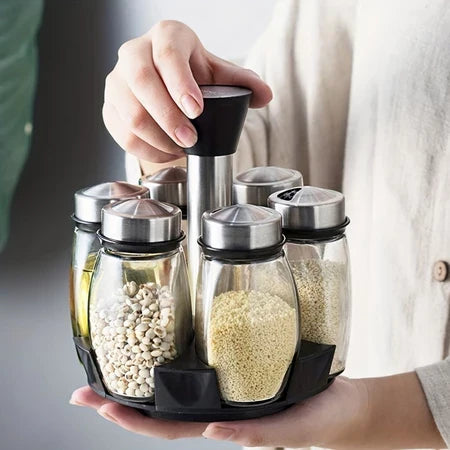 Porta Temperos e Especiarias Giratório Em Inox e Vidro Com 7 Peças Para Cozinha - Entrega Grátis-thumbmail-4